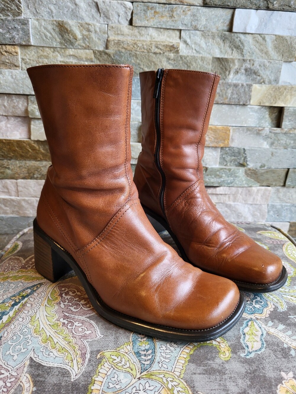 Vagabond Cognac Leather Block Heel Boots